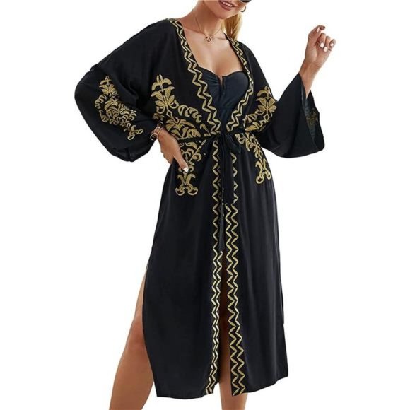 KIMONOS for Women Long Bikini Swimwear Beach Swimsuit Cover Up 10320 Black